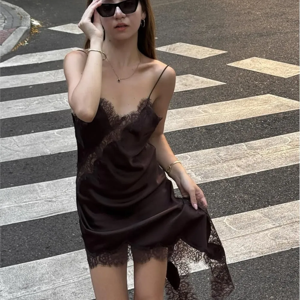 

Lace Satin Sleeveless Dress Summer New Women's Fashion Sexy Asymmetric Suspender Splicing Short Dress Ropa Mujer Vestidos