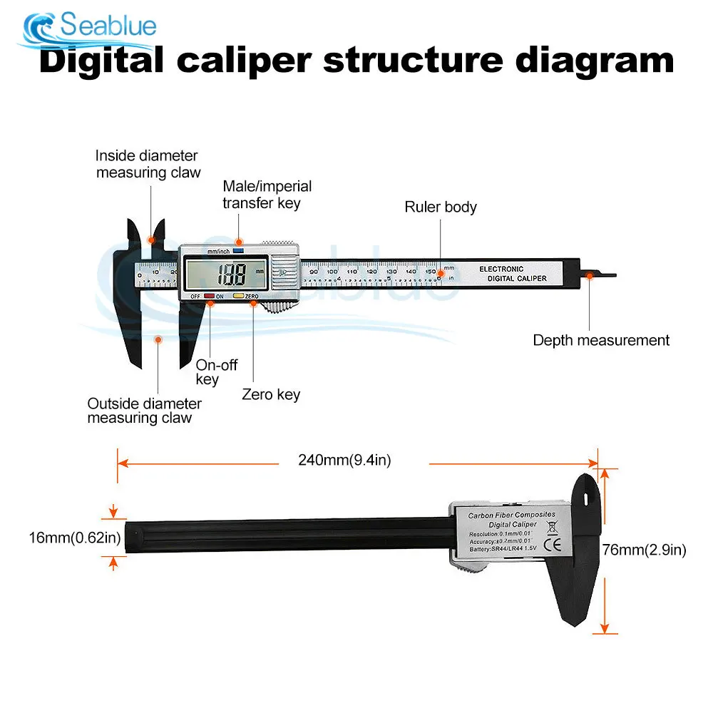 Caliper Vernier Digital Eletrônico, Medidor Plástico, Micrômetro, Ferramenta de Medição, Régua, Diâmetro Interno e Exterior, 0-150mm