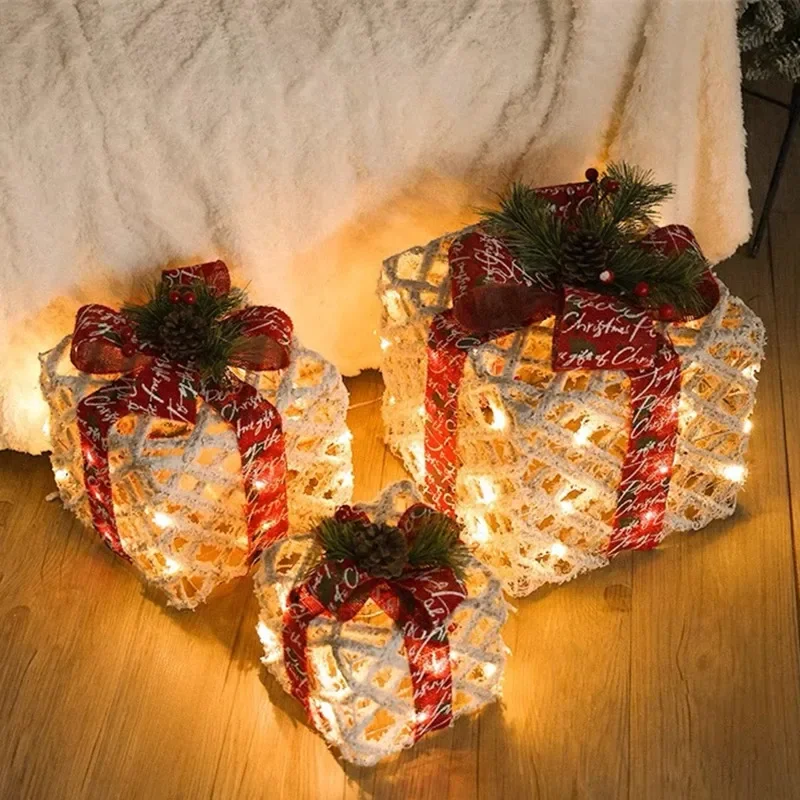 3pcs/set Christmas Glow Gift Box Merry Christmas Iron Ornament 30LED Light Flocking Gift Box Xmas Home Tree Party Decoration