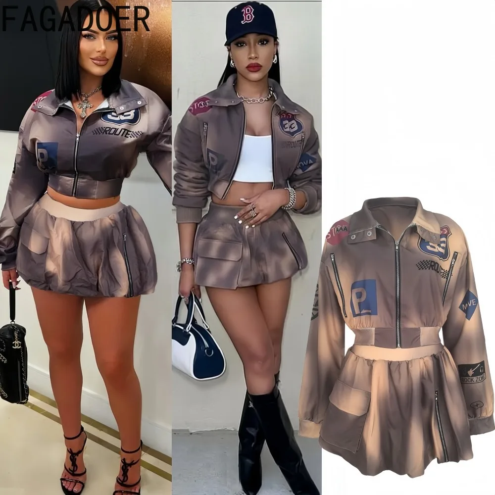 

FAGADOER Fashion Pattern Print Woman 2 Piece Set Outfit Long Sleeves Zip Patchwork Crop Top and Skirt Matching Female Streetwear