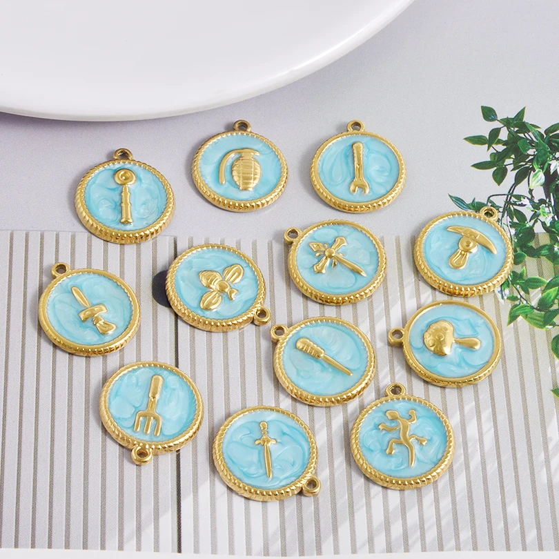 5pcs Round Enamel Blue Stainless Steel Pendant Grenade Cross Dagger Spanner Punk Pendant For Women Men DIY Jewelry Accessories