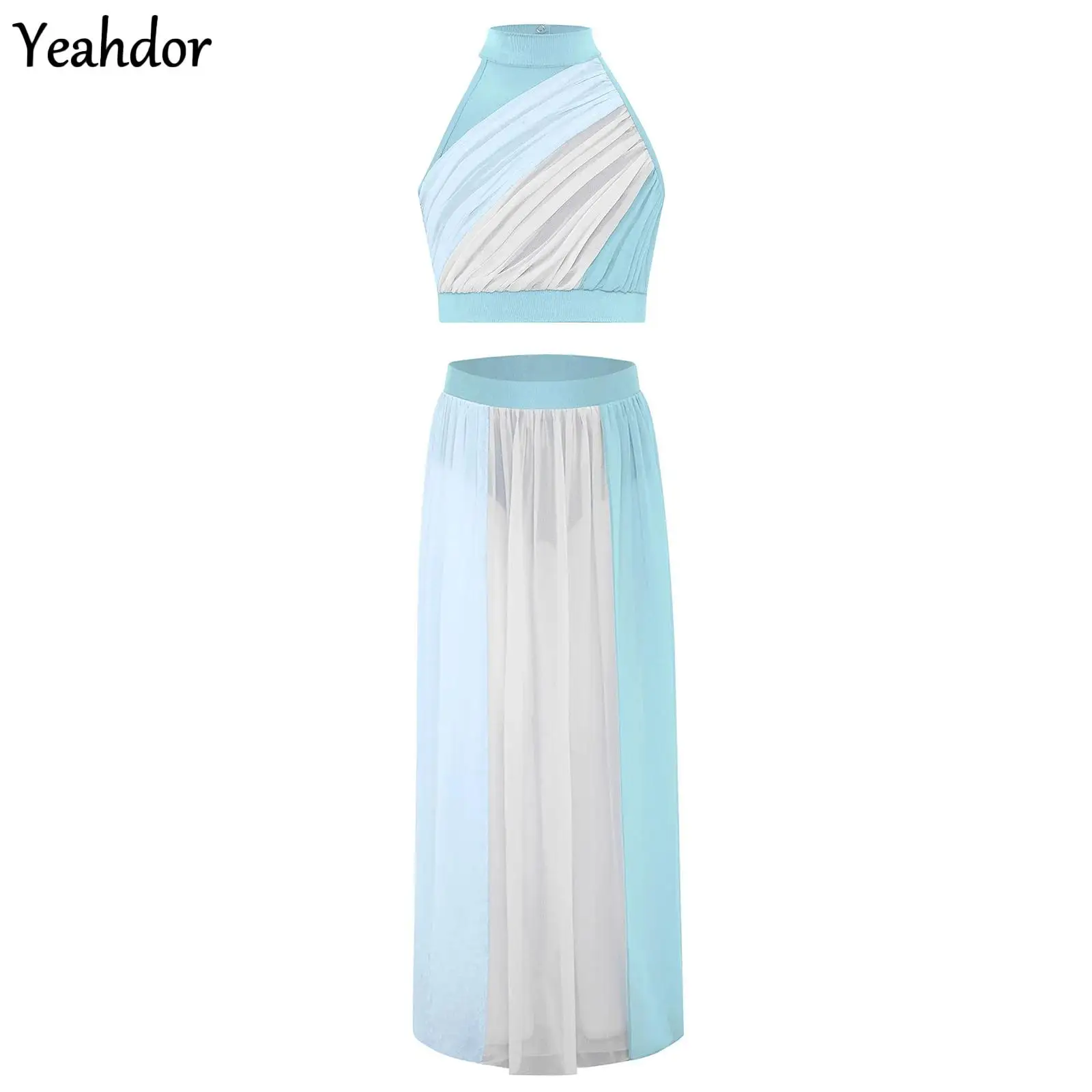 Kid meisjes lyrische moderne hedendaagse danskostuum mouwloze kleurblok ruches crop top met split chiffon rok ballet outfit