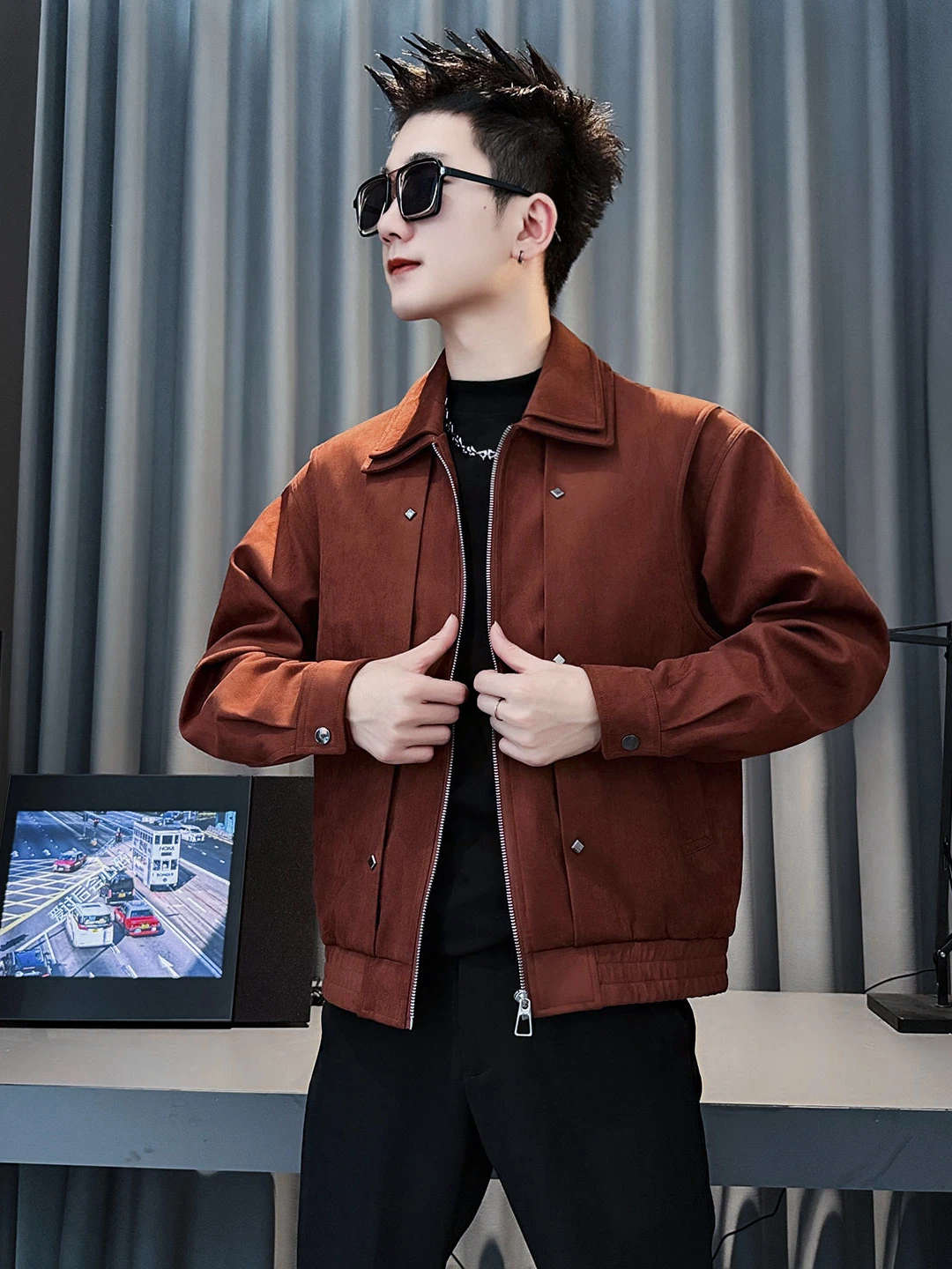 Capispalla Jaet con risvolto a doppio strato caramello Capispalla di marca alla moda Pelle scamosciata Calore Autunno Inverno Abbigliamento da lavoro americano di fascia alta Top Haome