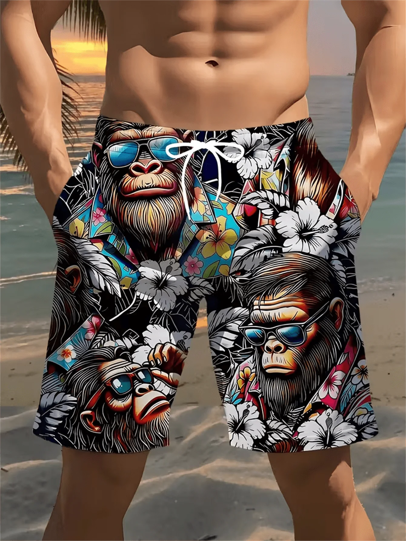 

Men's 3D Gorilla Print Beach Shorts - Lightweight Polyester Drawstring Waist Casual Swim Trunks, Suitable For Summer, Golf, Fishing, Basketball, Gym And Outdoor Activities, Bold Graphic Design, Swimwear Shorts