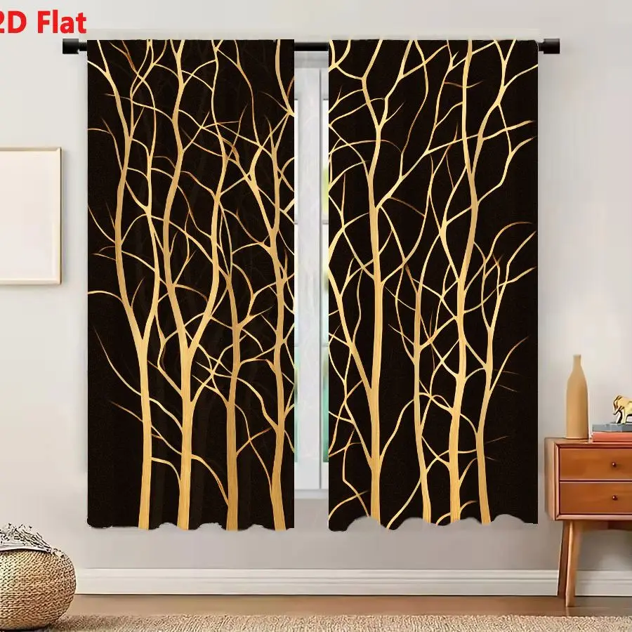 2Pcs Curtains 2D Flat Stylized Artistic Illustration Of Numerous Bare Tree Trunks And Branches Set Against Solid Dark Brown Back