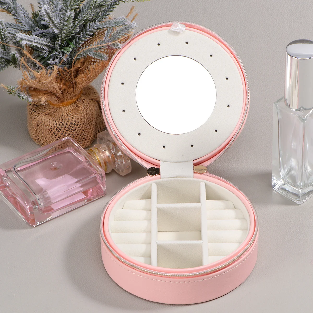 1Pcs Round Jewelry Organizer Box Portable PU Material Compact Space Saving Travel Jewelry Storage Earrings Rings Dark Blue