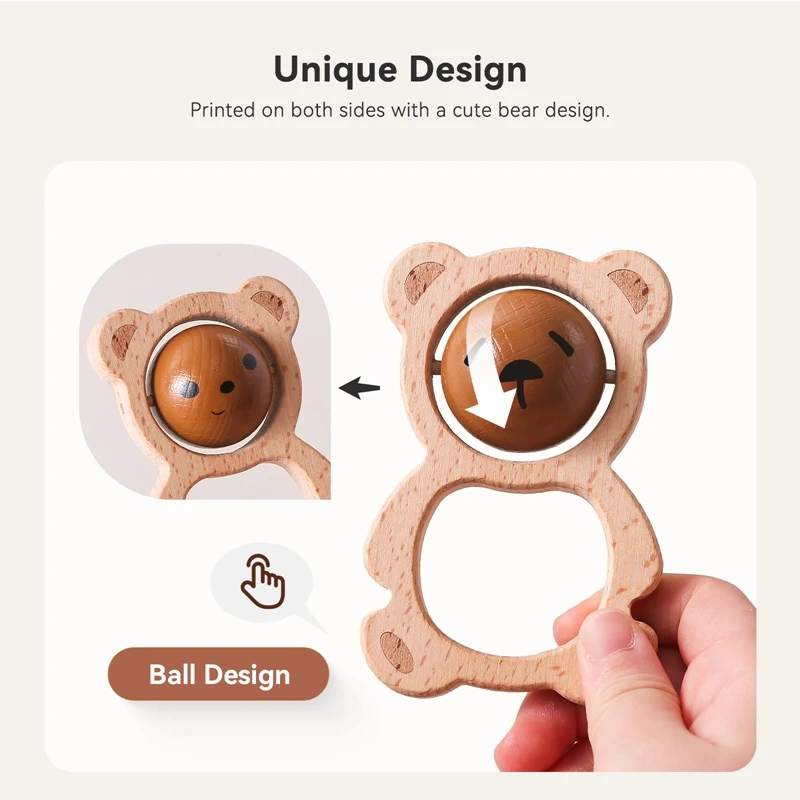 Sonajero de oso de dibujos animados de madera para bebé, juguete para masticar y moler dientes para recién nacidos, juguetes musicales para cuna sin BPA, juguetes relajantes, regalo de Navidad para bebé