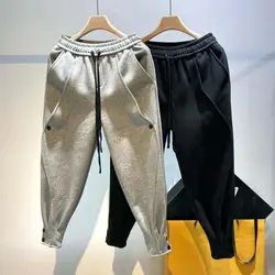 Men Casual Trousers Stylish Men's Harem Pants with Drawstring Elastic Waist Button Decor Solid Color Loose Fit for Sporty