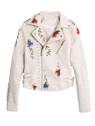 Ftlzz-Chaqueta de piel sintética con bordado Floral para mujer, abrigo suave con cuello vuelto, informal, Pu, motocicleta, negro, Punk, prendas de vestir exteriores