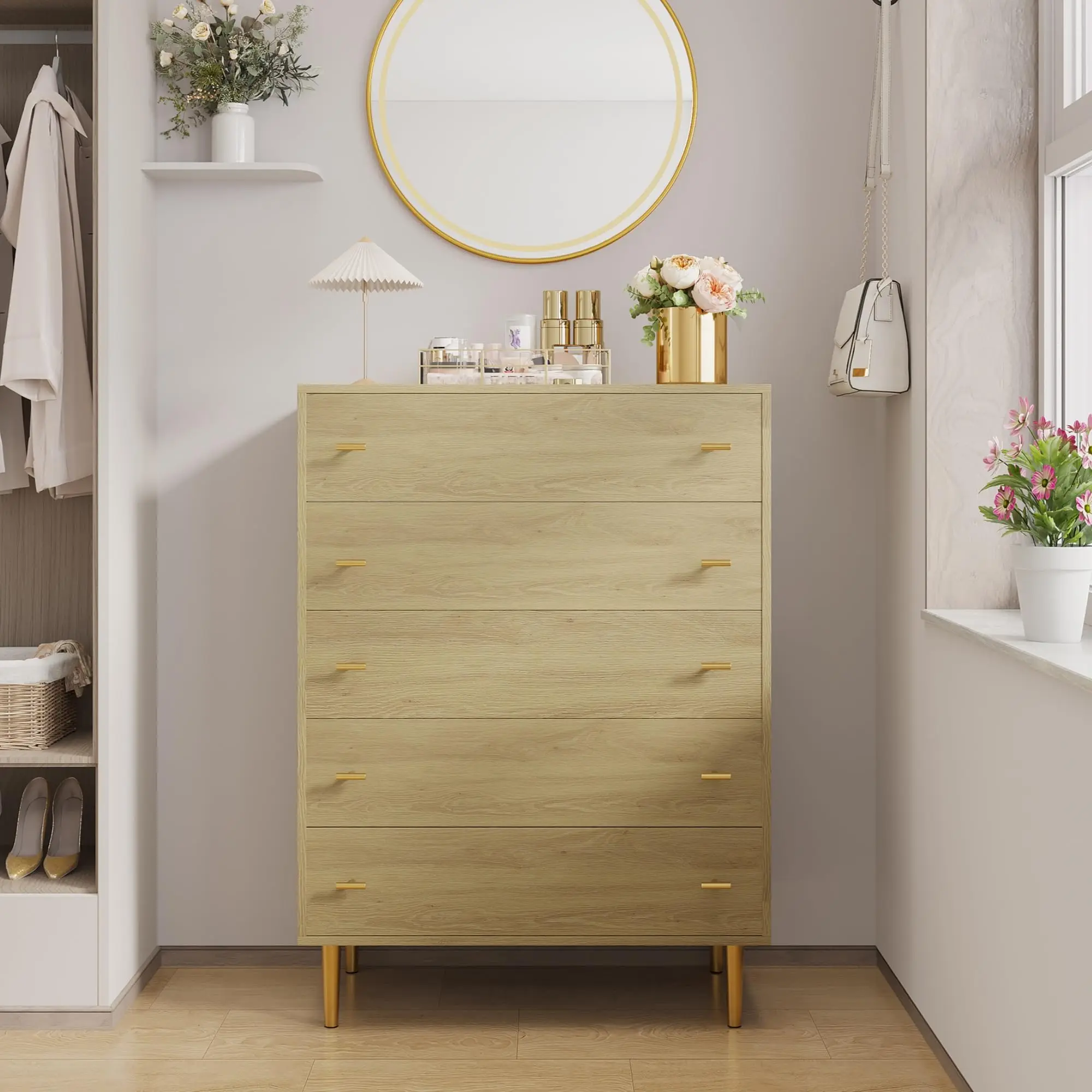 White Wooden Chest of Drawers with 5 Tall Drawers – Modern and Rustic Style – Ample Storage – Gold Metal Handles – Ideal for Bedroom, Living Room, Hallway, Wardrobe