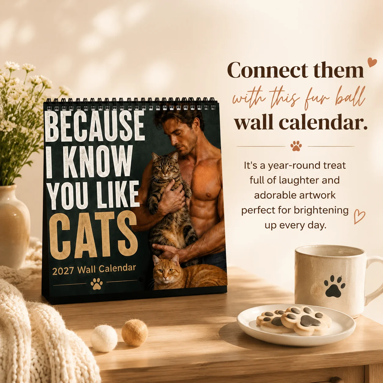 Unique Calendar Featuring Handsome Men And Cats Calendar with Humorous Designs Ideal December Hanging for Gifting and Home Decor
