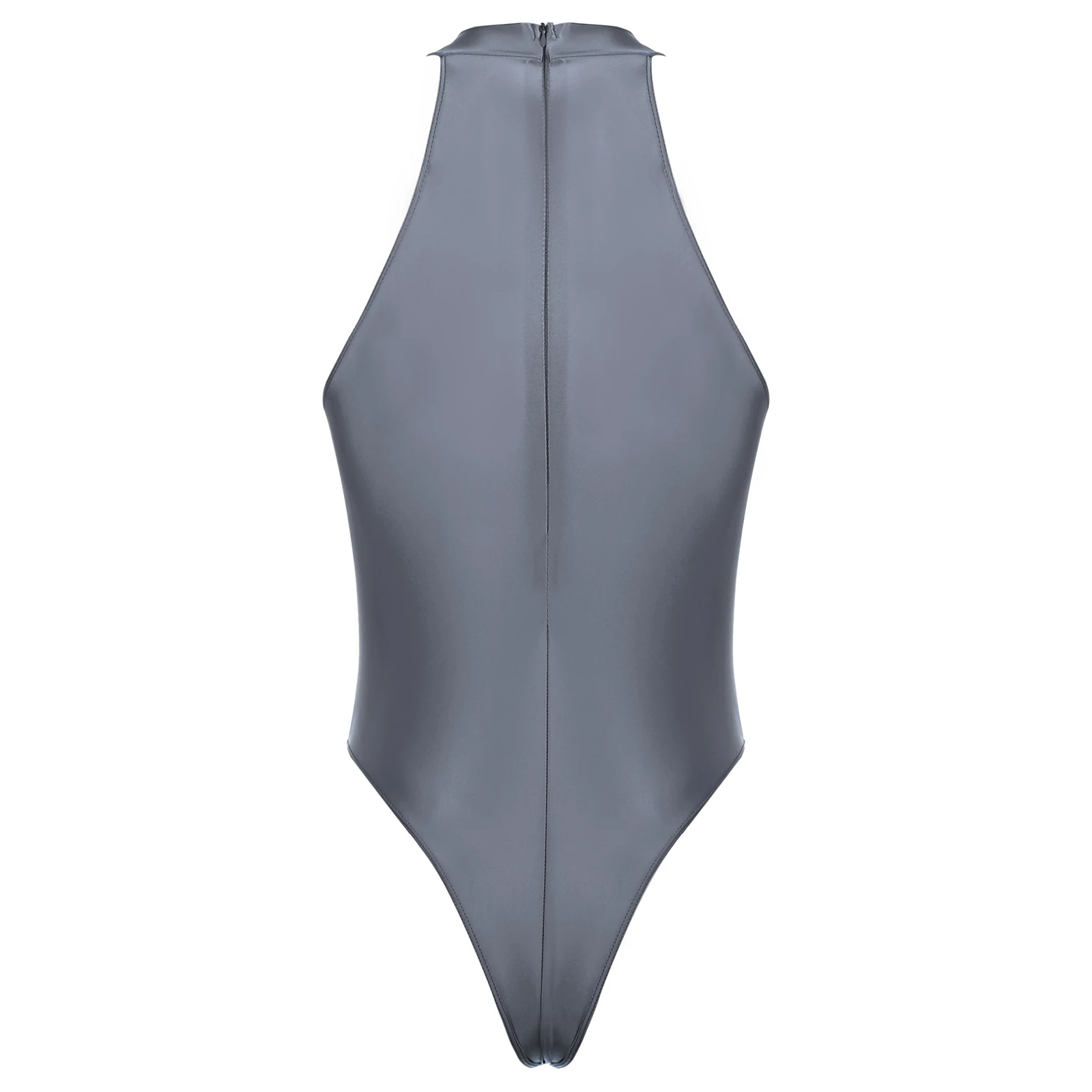 Mens Swimsuit Glossy Mock Neck Back Zipper Bodysuit Swimwear Solid Color Sleeveless Leotard for Gymnastics Training Swimming