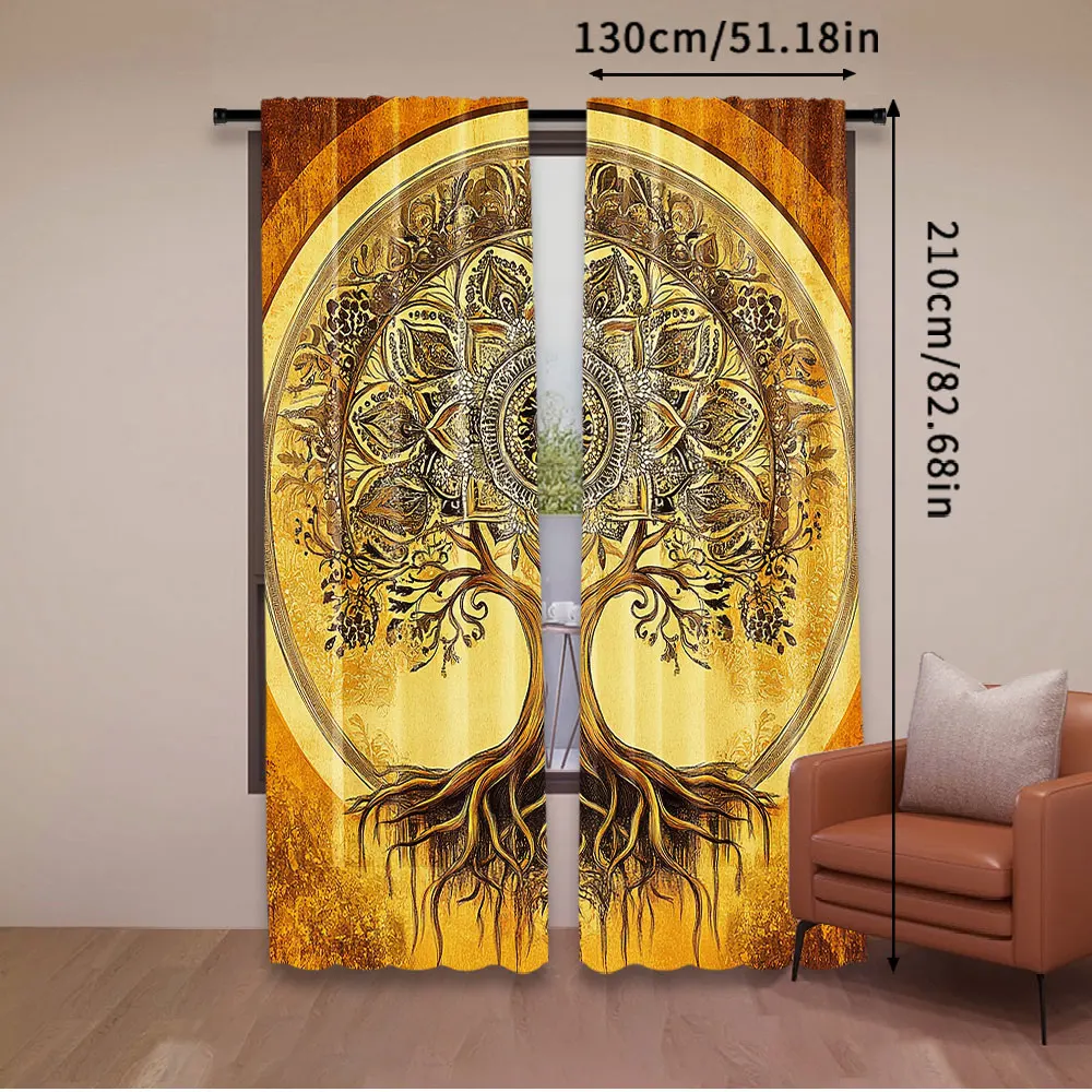 2Pcs Boho Curtain Oriental Atmosphere Warm Tone Ornate Life Tree With Warm Hues For Bedroom Living Room Dining Room And Bathroom