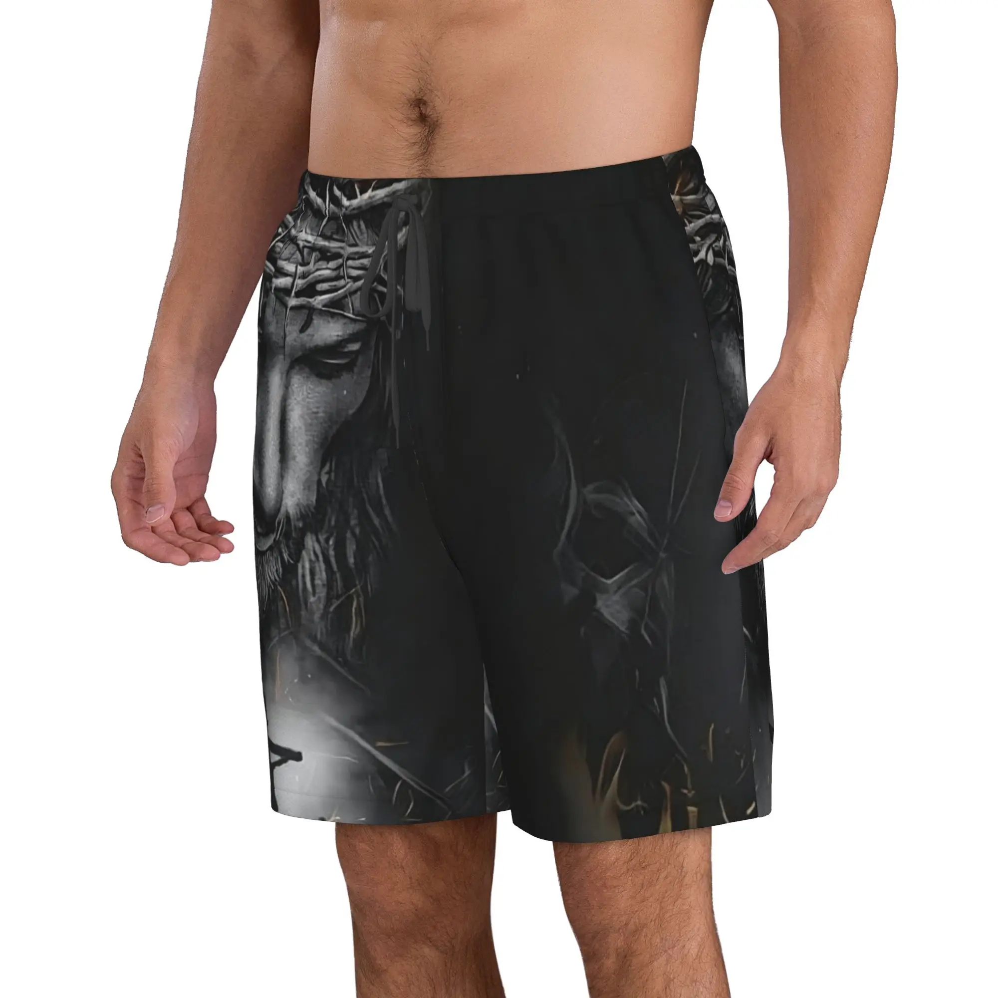 Jesus Christ and Christian Cross Dark Print Trunks Beach Board Shorts Casual Quick Dry Swimming Summer Men Pants