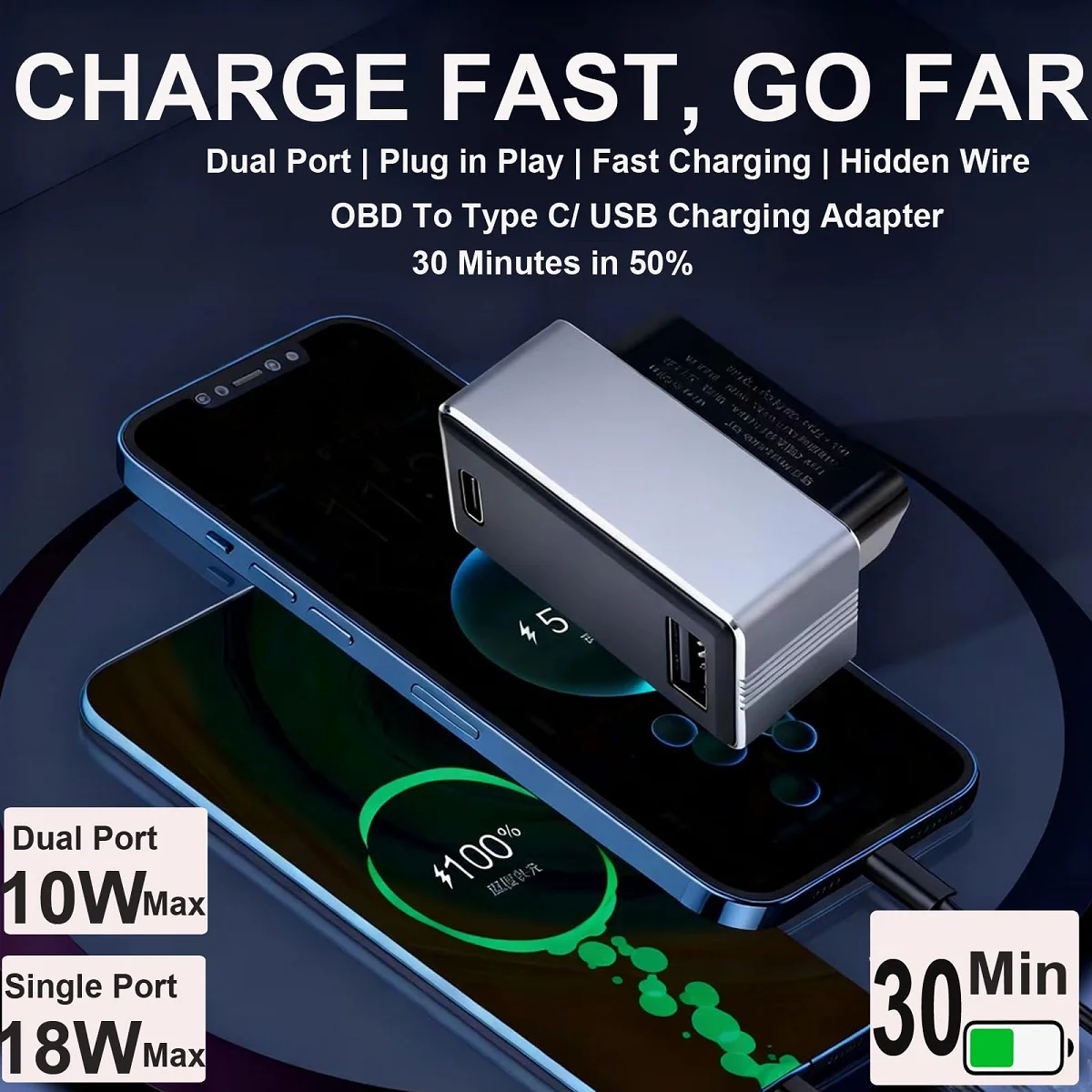 Adaptor Daya Pengisi Daya Cepat OBD untuk Tesla Model 3/Y/X/S/Cybertruck PD & QC 3.0 Pengisian Cepat Dual-Port USB dan TYPE-C Hidden Hub