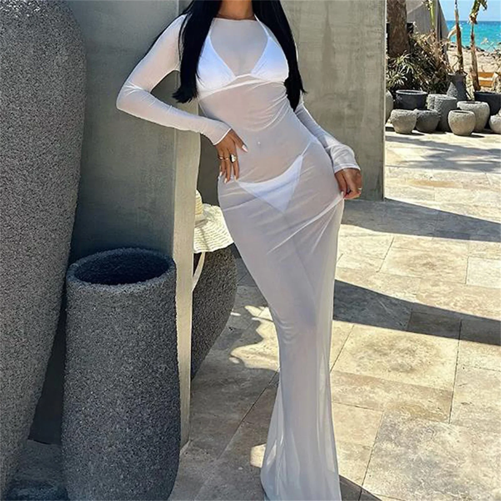 

Летние сетчатые прозрачные длинные накидки на бикини для женщин, прозрачные пляжные платья макси с длинными рукавами, купальные костюмы, пляжная одежда