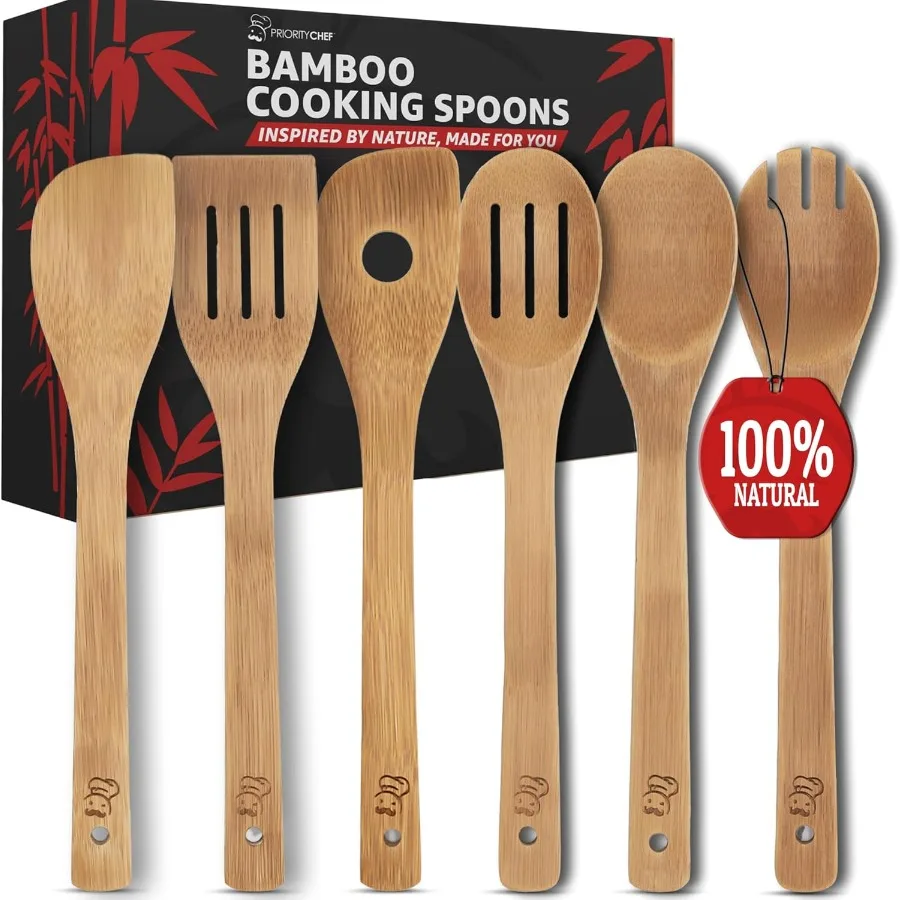 

PriorityChef Wooden Spoons for Cng 6Pc Non Scratch Bamboo Cng Utensils Non-Toxic Wooden Utensil Set Easy to Clean Kitchen Utens