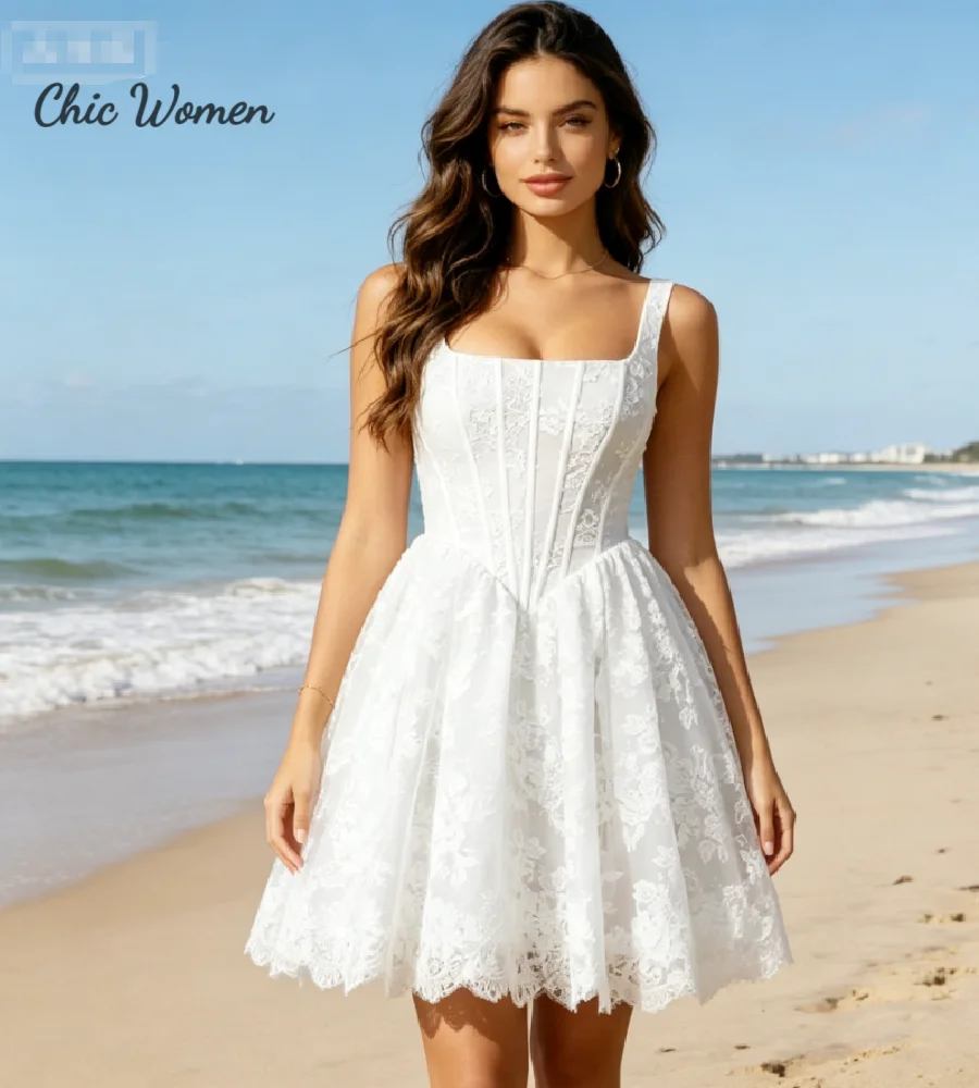 Amazing Square Neck Mini Short Wedding Dress 2026 Elegant Lace White Beach Boho Bridal Gowns Civil Bohemian Country Vestio Gala