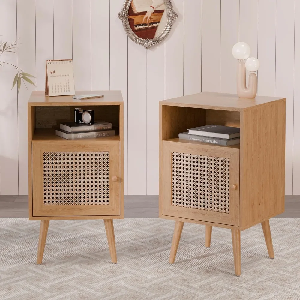 

Modern Rattan Nightstand Set of 2,Boho Side Table with Handmade Rattan Decorated Door, Wood Bedside Table with Open Storage She