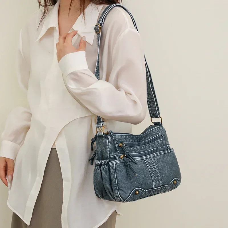 Imitation Denim Sewing Rivet Zipper Fashion PU Shoulder Bags Casual Crossbody Bag 2024 Hot Sale Bags for Women Bolsas Femininas