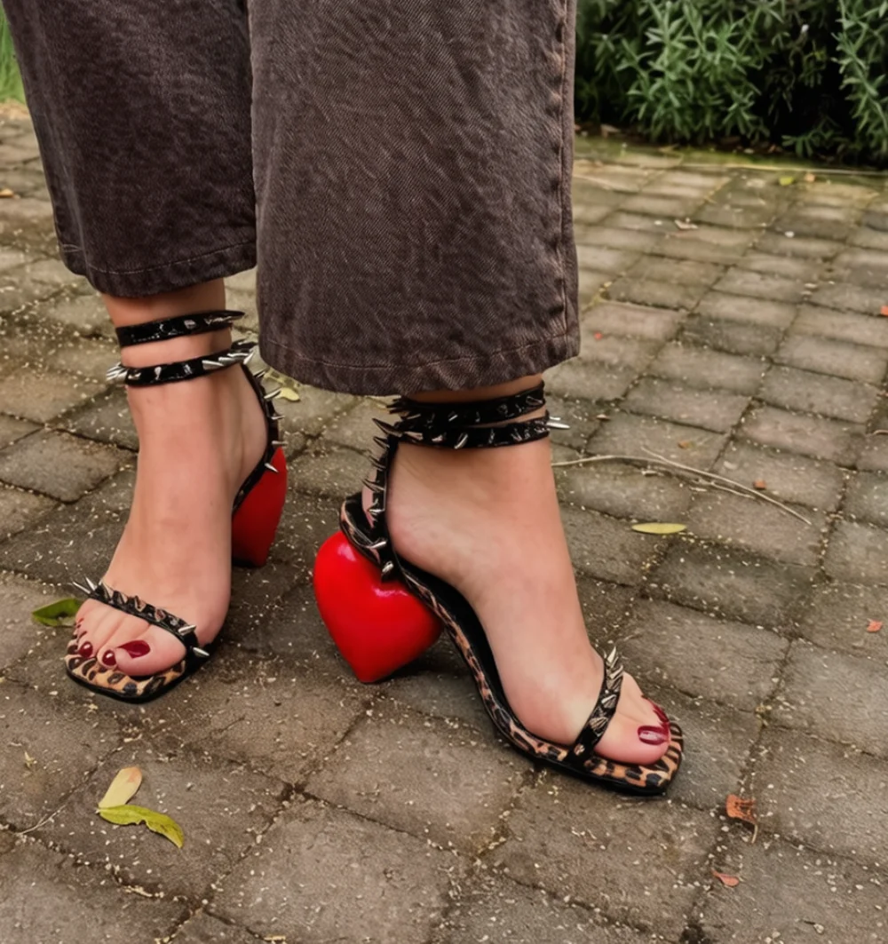 Leopard Print Open Toe Silver Stud Sandals Black Patent Leather Straps Decorated Buckle Ankle Red Heart Block Heel Sandals
