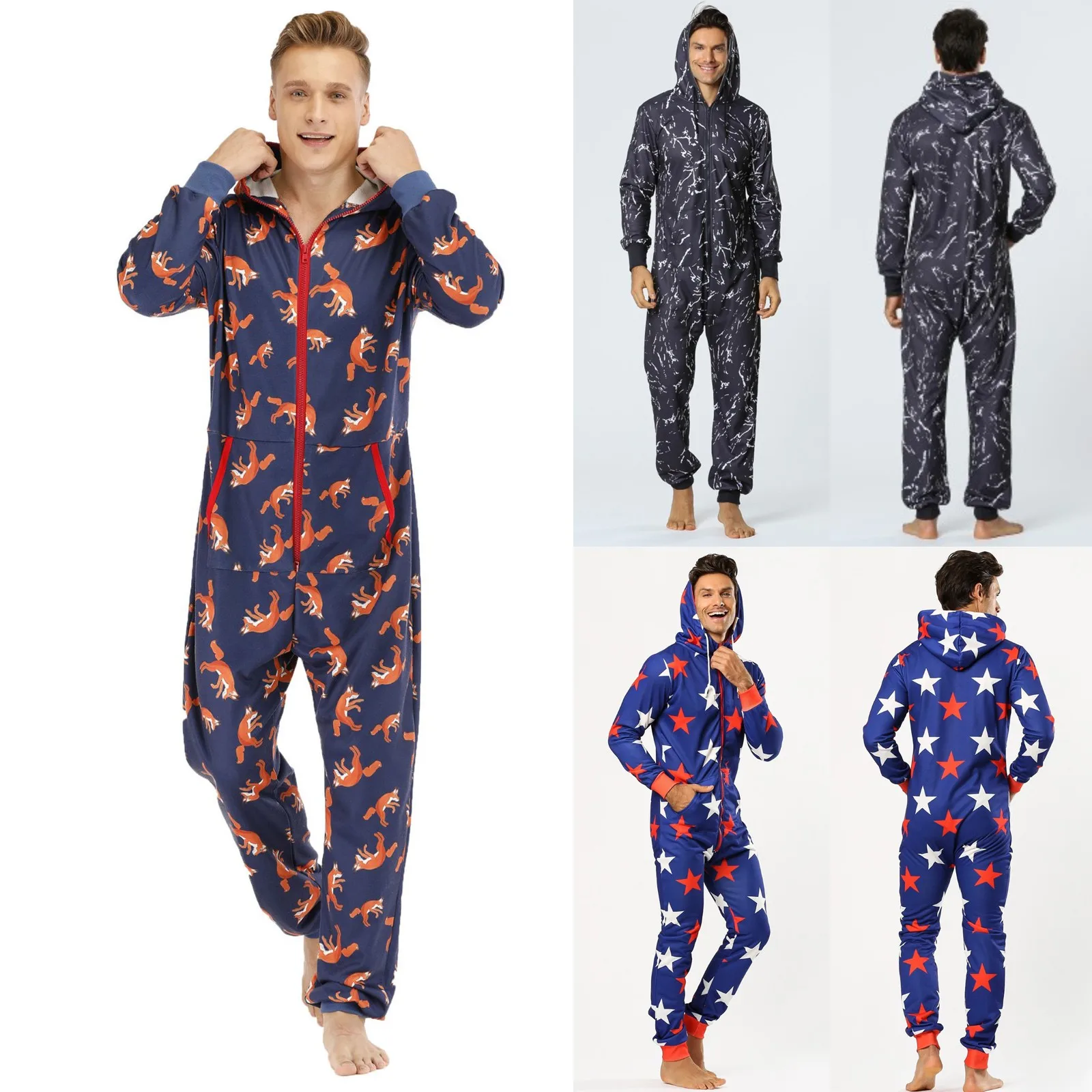 Men Warm Onesie Print Sleep Lounge Adult Sleepwear One Piece Pyjamas Male Jumpsuits Hooded Onesies Warm Jumpsuit Nightwear Gift