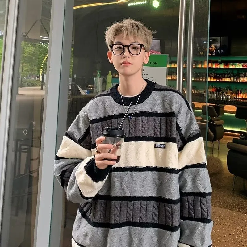 

Fall Large Size 300 Pou round Ne Sweater Men Loose Fat Striped Color Blo Knitted Outerwear Thiened Woolen Sweater