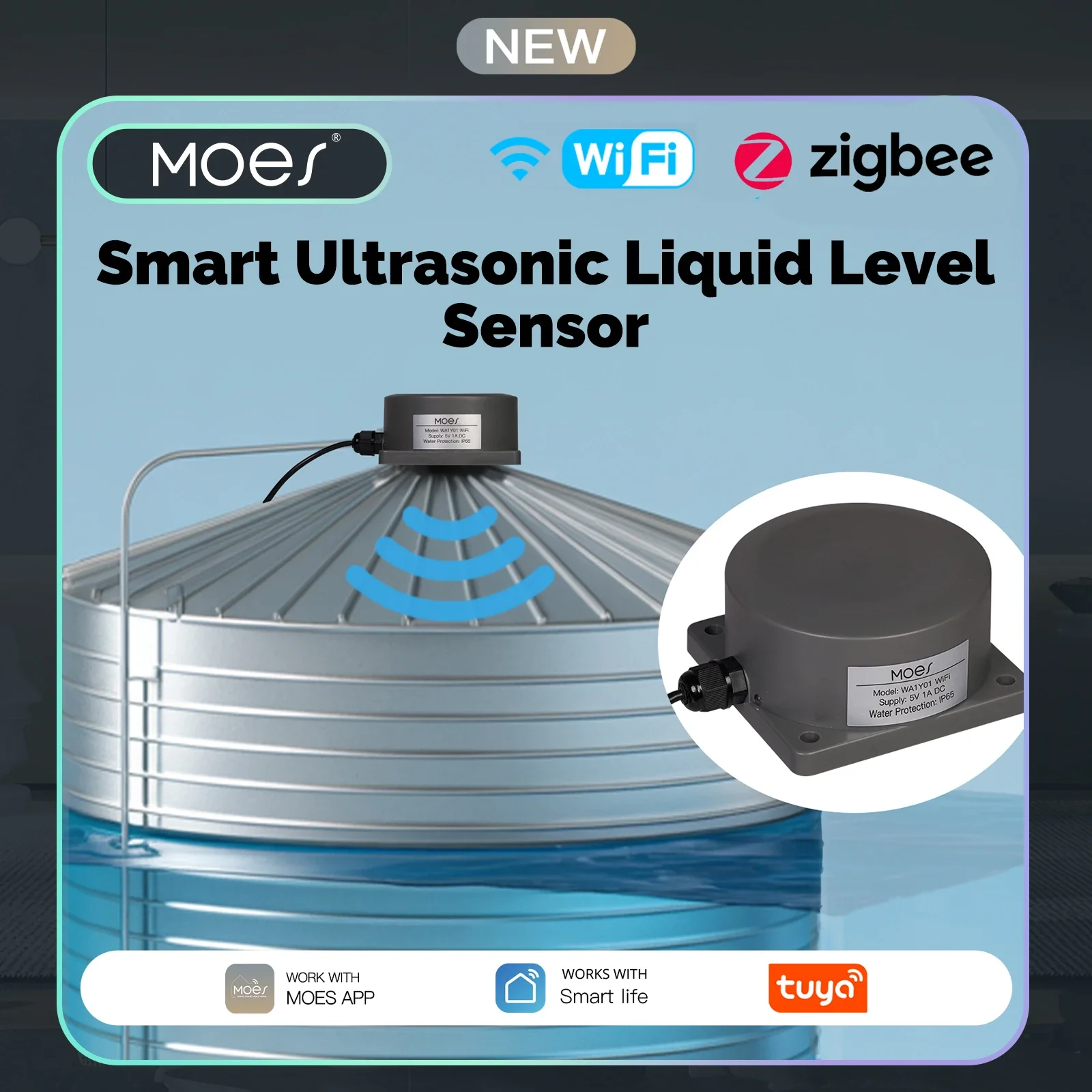 เครื่องตรวจวัดระดับน้ำอัจฉริยะ MOES แบบอัลตราโซนิก สำหรับถังเก็บน้ำ รองรับ WiFi/ZigBee ควบคุมผ่านแอป Tuya แจ้งเตือนแบบเรียลไทม์ ควบคุมระยะไกลสำหรับถังเก็บน้ำ