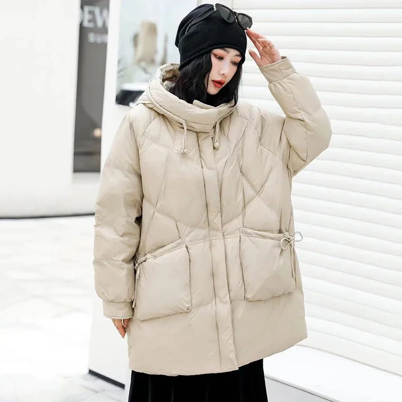 

Winter Loose Hooded Mid Length Down Jacket White Duck Down Thick Down Jacket Big Pocket Zipper Warm Parker Outwears JJ1101