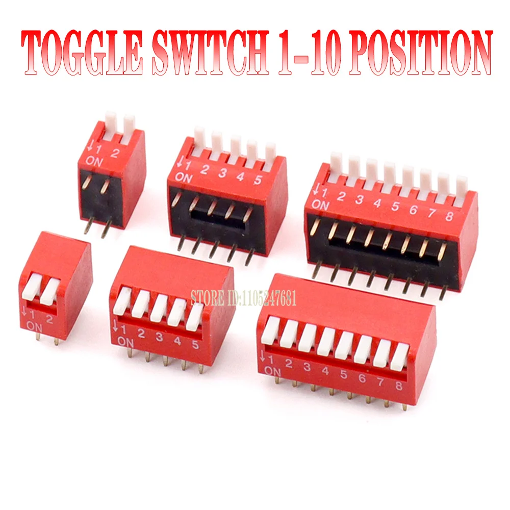 10pcs Red 2.54mm Pitch Double Row DIP Slide Toggle Switch 1/2/3/4/5/6/8/10/12 Position Right Angle for PCB Circuit Board