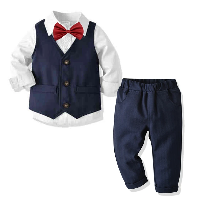 

Infant Boy Formal Clothes Sets Children's Gentleman Suit Long Sleeve Shirt with Bowtie+ Waistcoat+ Trousers Baby Boy Tuxedo