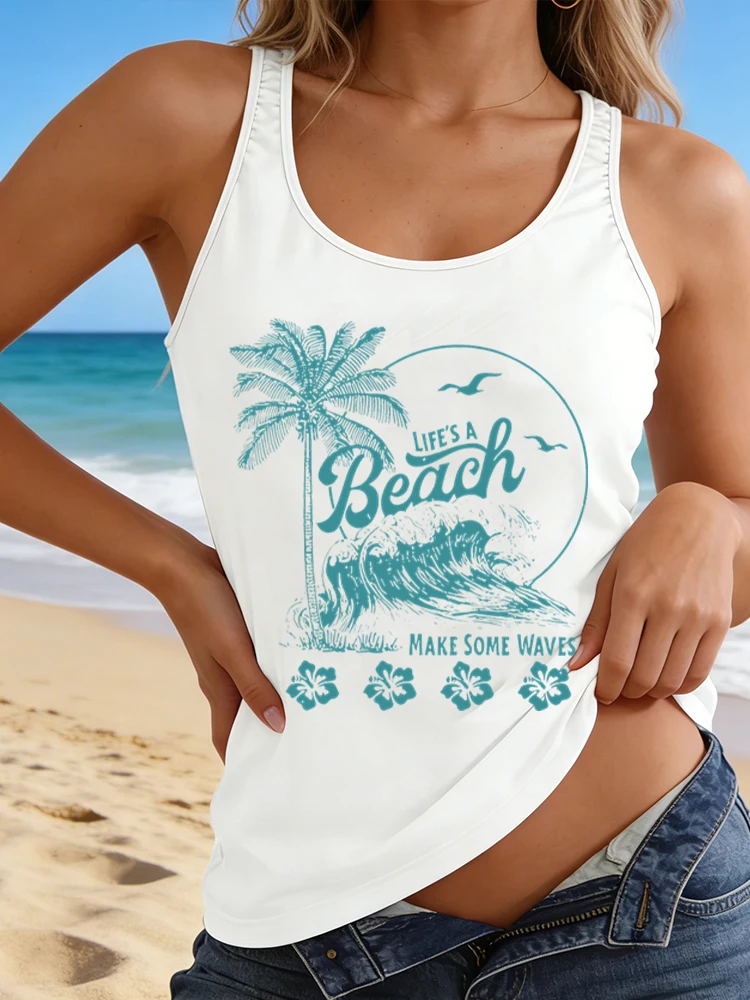 

"Life's A Beach Make Some Waves" Women Sleeveless Casual Tshirts Summer Ocean Beach Vintage Tank Top
