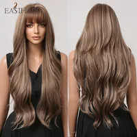 EASIHAIR pelucas sintéticas rubias mezcladas marrones con flequillo peluca de pelo largo Ondulado Natural para mujeres negras uso diario Cosplay resistente al calor