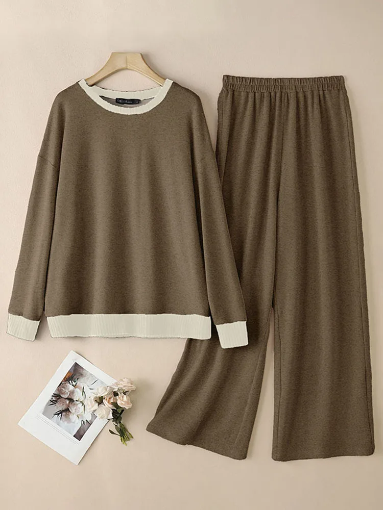 

ZANZEA Casual Loose Contrast-Color 2pcs Outfits Spring Long Sleeve Hoodies Women Wide Leg Pants Loungewear Suits Terry Pant Sets