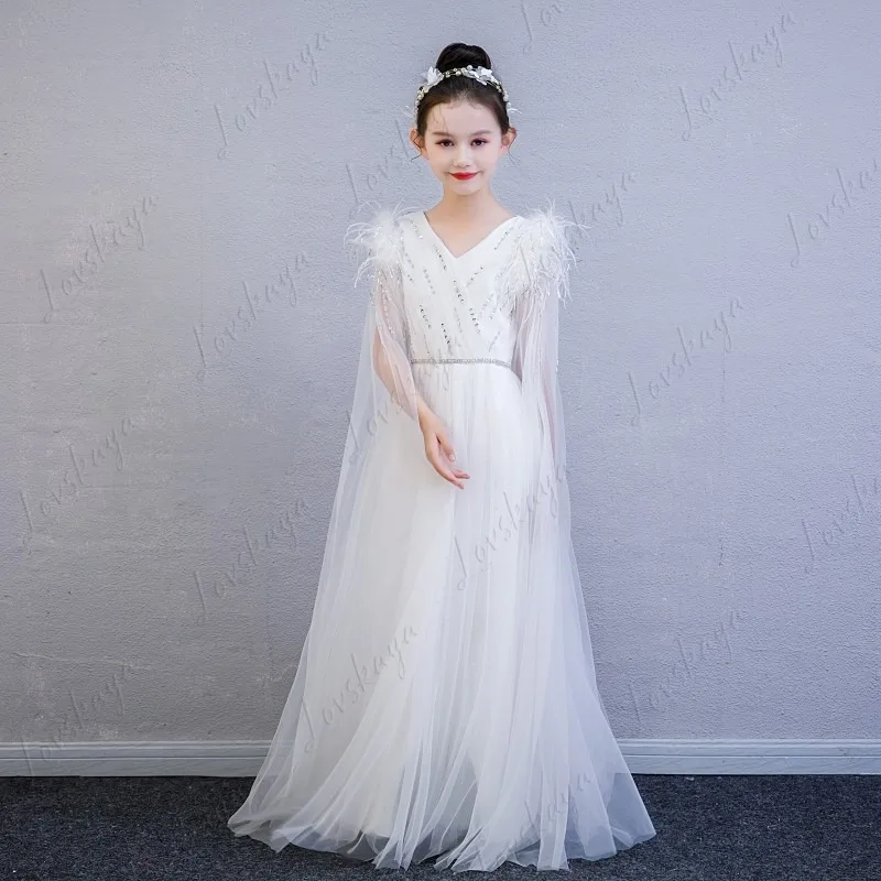 

Children's Guzheng Performance Dress New Chinese Classical White Thin Temperament Long Catwalk Exam Dress