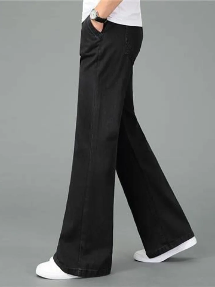 

Мужские джинсы-клеш в стиле ретро с высокой талией, эластичным поясом, свободного кроя, длинные брюки больших размеров, зимняя коллекция