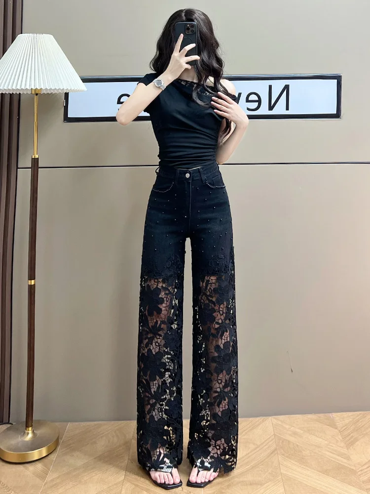 2025 여성 패치워크 진주 레이스 속이 비치는 바지 봄 여름 솔리드 컬러 하이웨이스트 와이드 레그 팬츠 여성 스트레이트 트라우저