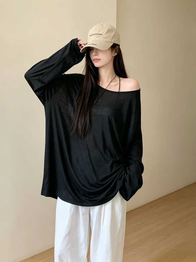 Women Sloping Shoulder Long Sleeve Top Breathable Thin Sheer Material Round Neck Oversized Loose Fit Daily Casual Basic Shirt
