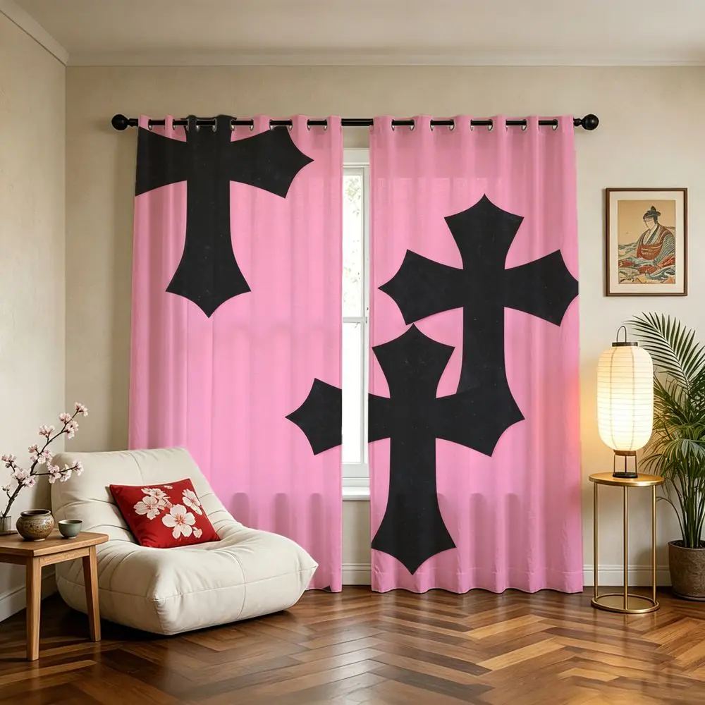 Pink Black Cross Printed Curtains 2 Panels Gothic Style Window Drapes Soft Fabric Room Curtains For Bedroom Home Decor