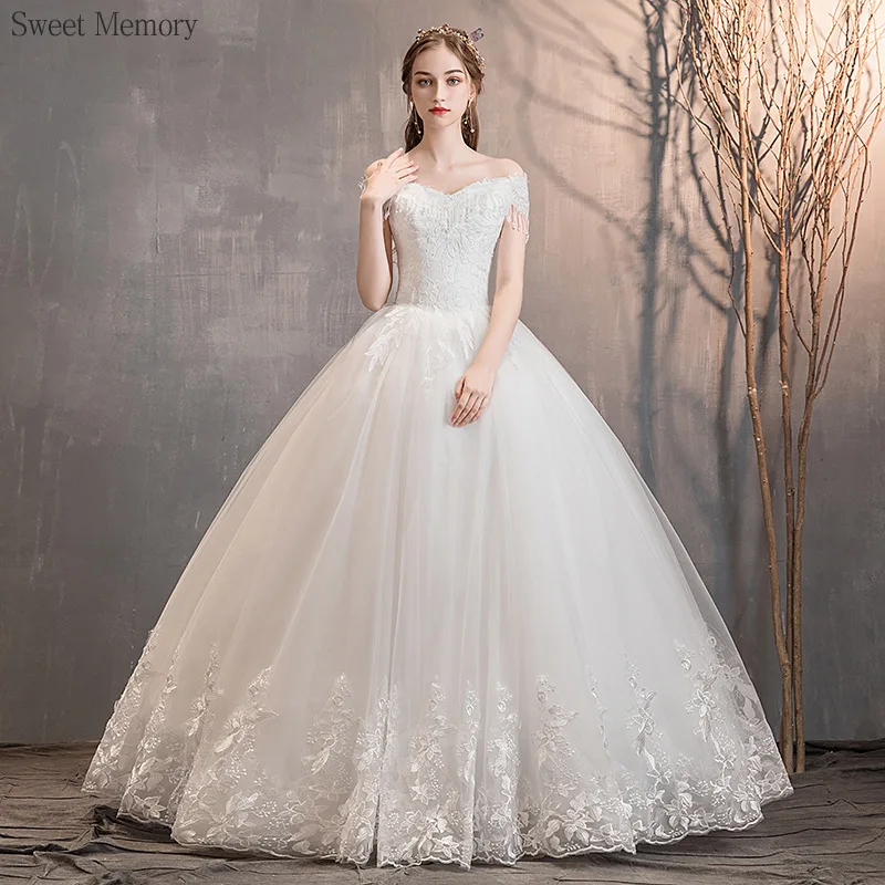 

A8185 Beautiful White Wedding Dress Ball Gown Sweet Memory Princess Lace Tulle Prom Performance Floor Length Bridal Dresses