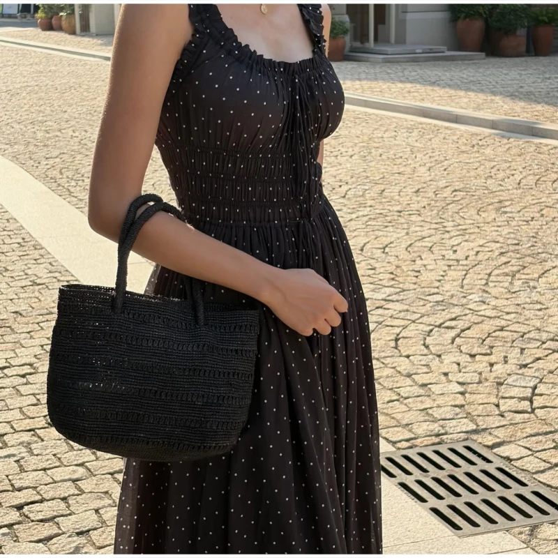 Einfarbige gewebte Handtasche, leichte Damen-Umhängetasche mit großem Fassungsvermögen, japanische Sommer-Strand-Urlaubstasche, lässige Pendler-Tragetasche – Detail 6