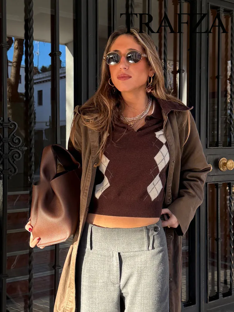 

TRAFZA Women Fashion Sweater Tops Dark Brown Turn-Down Collar Short Sleeves Single Breasted Female Spring Casual Pullovers