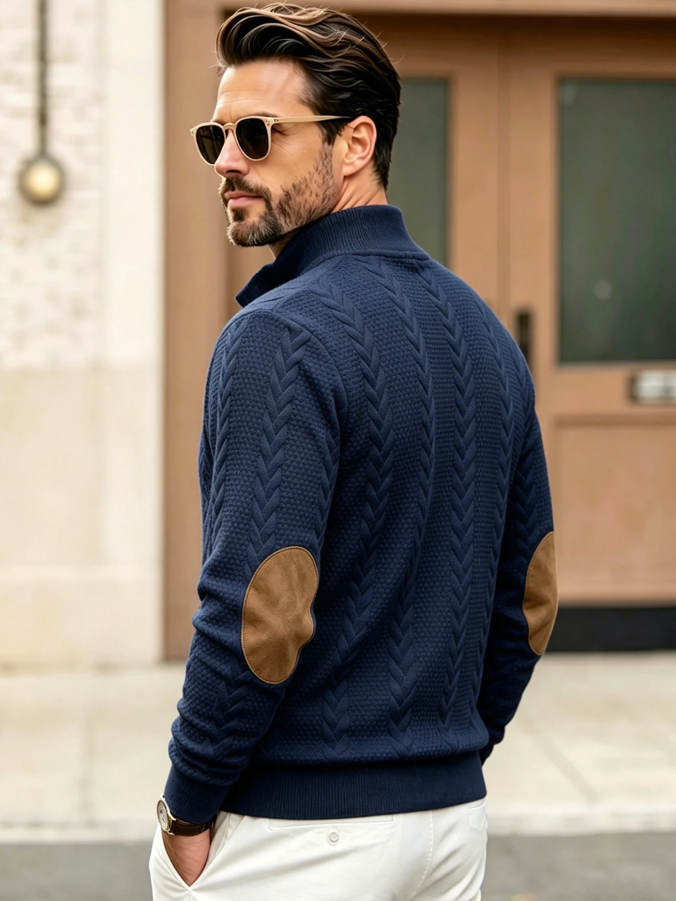 Men's Stand Collar Cable Knit Sweatshirt Button Spring Fall Pullover Placket Elbow Patches Casual Daily Wear