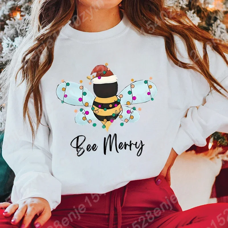 Women\'s Christmas Bee & Letter Print Sweatshirts, Cute Long Sleeve Crew Neck Pullovers for Festive Holiday Wear