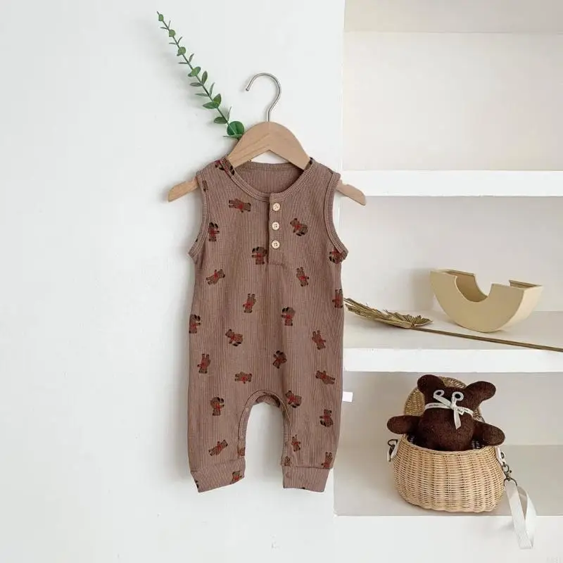 

581F Baby Outfit Sleeveless Romper Summer Clothing Shirt Bodysuit Pilling Resistant 0-12M Infant Bear Print Hip Wrap Clothes