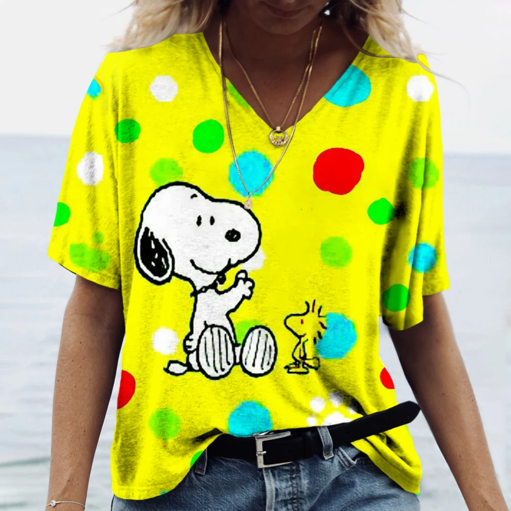 Fashion T Shirt For Women Snoopy cartoon print Short Sleeve Tops Casual V-neck Women\'s T-shirts Oversized Harajuku Tees Clothing