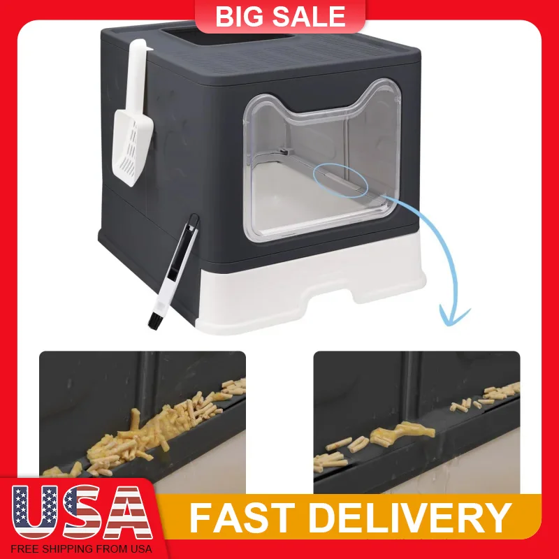 

Foldable Cat Litter Box Enclosed Top Entry Anti Splash Portable Easy Clean Includes Scoop Brush for Travel Home Use