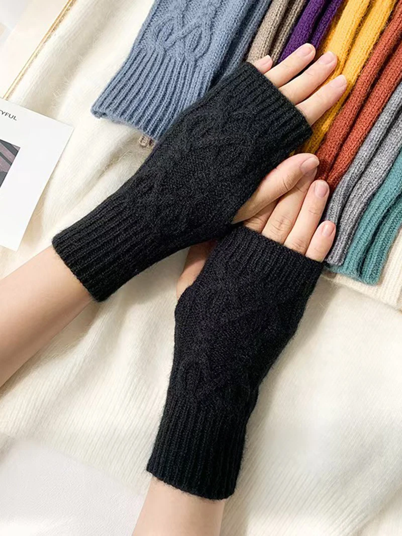 AliExpress NONE Knitted Warm Fried Dough Twists Fingerless Gloves for Women Simple Thickened Wrist Warm Gloves Elastic Versatile Casual Gloves