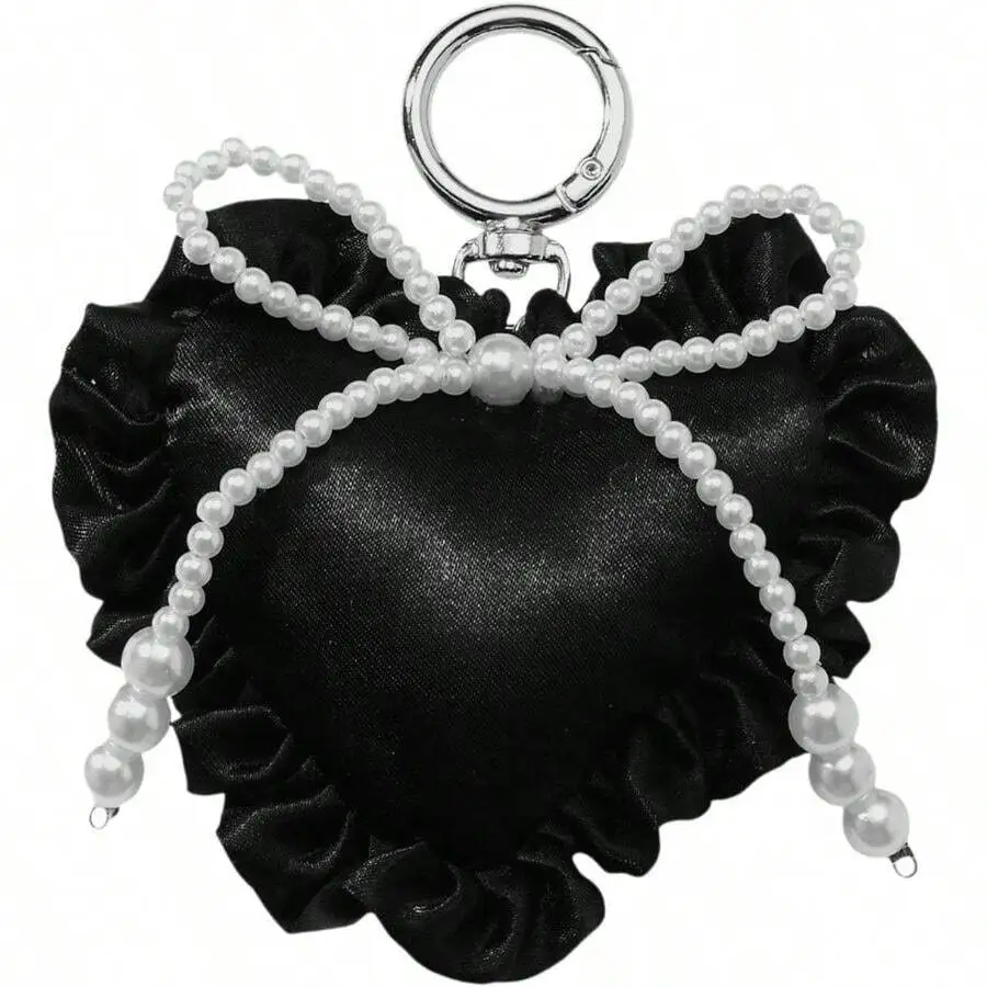 

Heart Shape Pearl Keychain For Women Black Satin Bag Charm Decoration Valentines Day Gift
