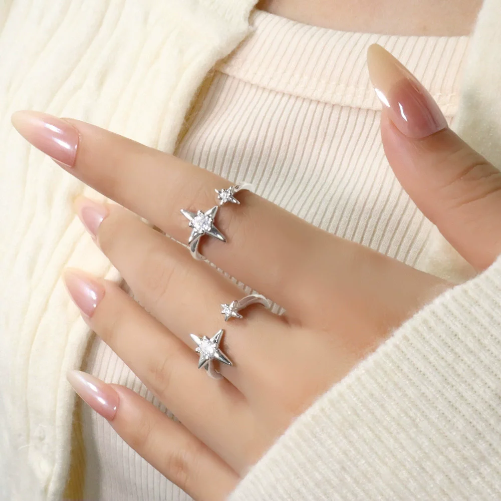 PANJBJ 925 Sterling Silber Vierzackiger Stern Glänzender Zirkon-Ring Hochwertiger Personalisierter Verstellbarer Schmuck – Detail 7